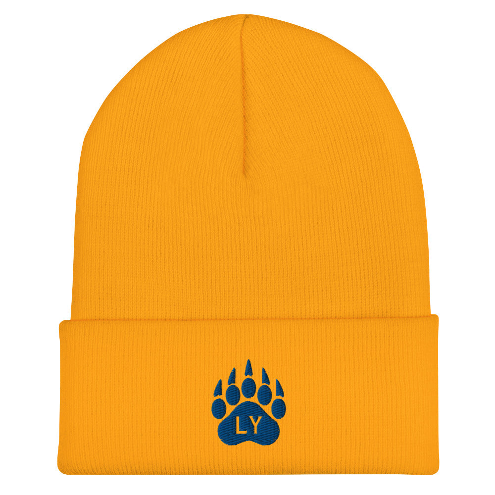 “Bear Paw” Blue on Yellow Cuffed Beanie