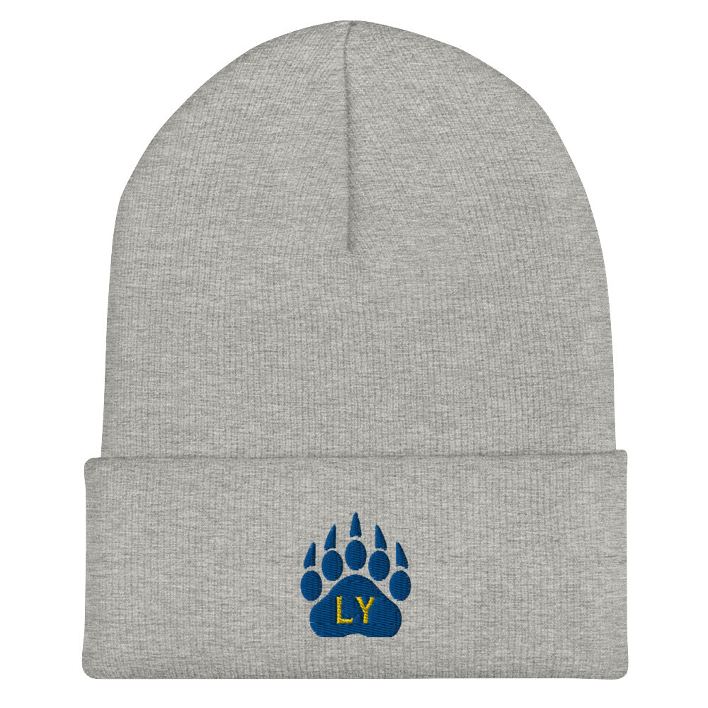 “Bear Paw” Blue/Yellow on Grey Cuffed Beanie