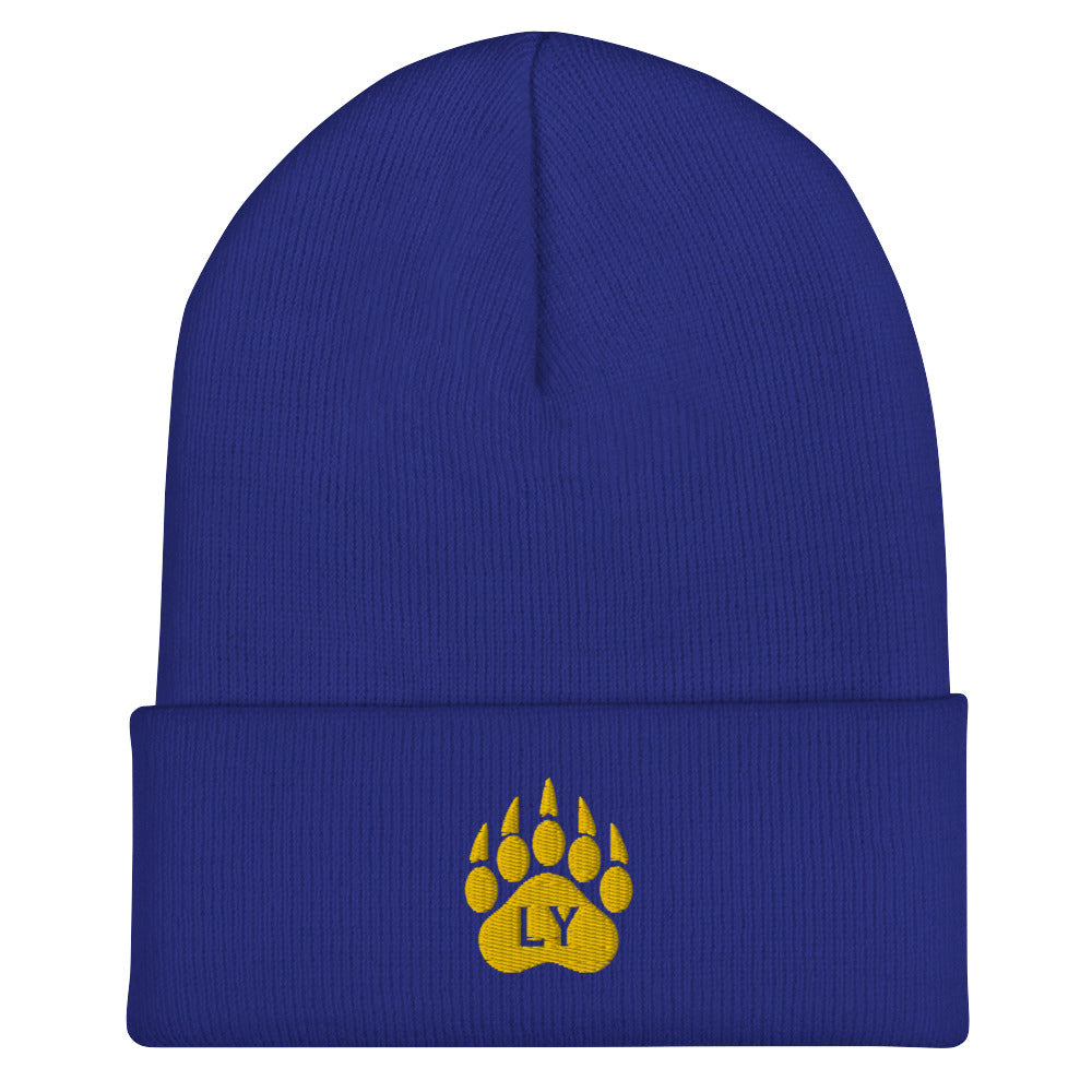 “Bear Paw” Yellow on Blue Cuffed Beanie
