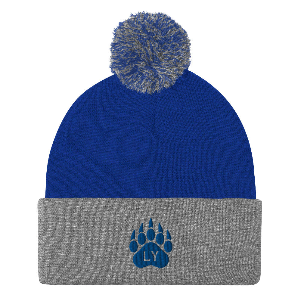 “Bear Paw” Blue on Grey/Blue Pom-Pom Beanie