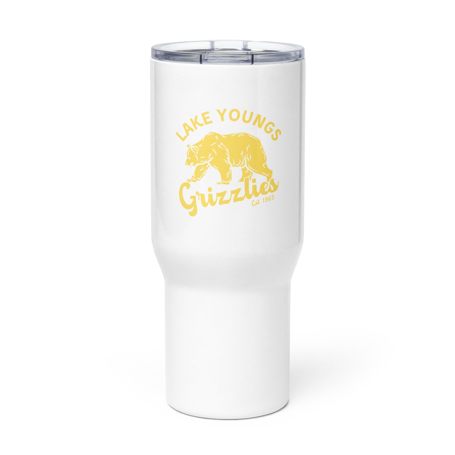 Yellow "Retro Lake Youngs" Travel mug with a handle