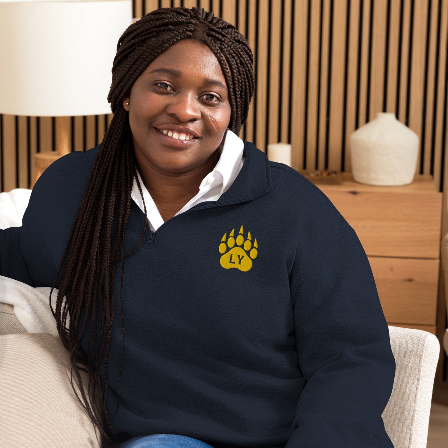 “Bear Paw” Yellow on Navy Blue Adult Fleece Half-Zip Pullover