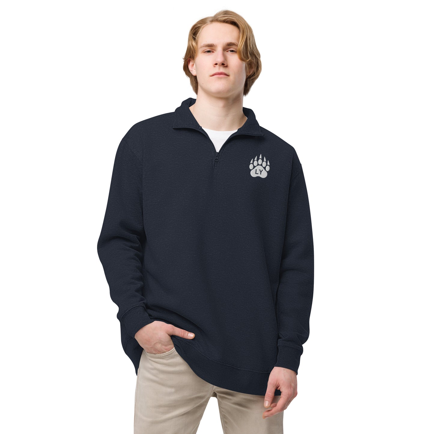 “Bear Paw” White on Navy Blue Adult Fleece Half-Zip Pullover