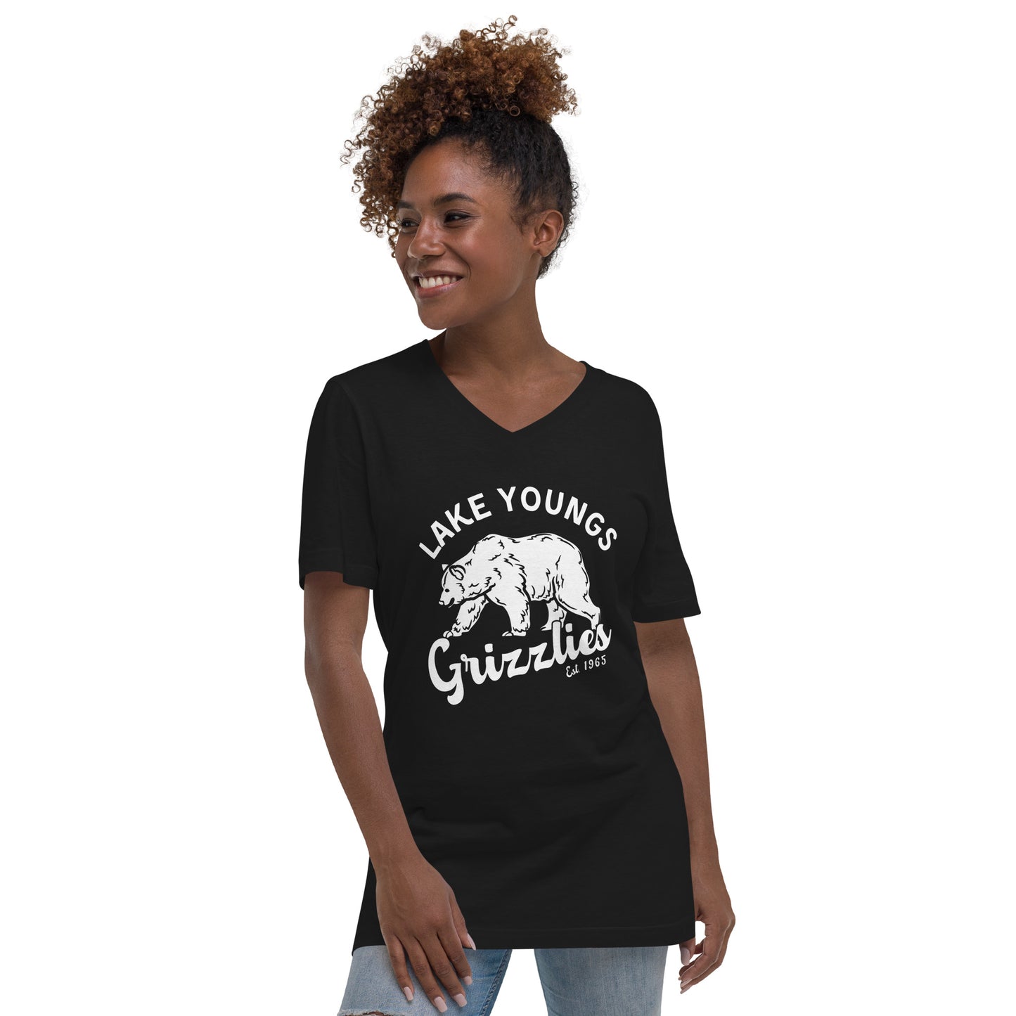 White “Retro Lake Youngs” Adult V-Neck T-Shirt