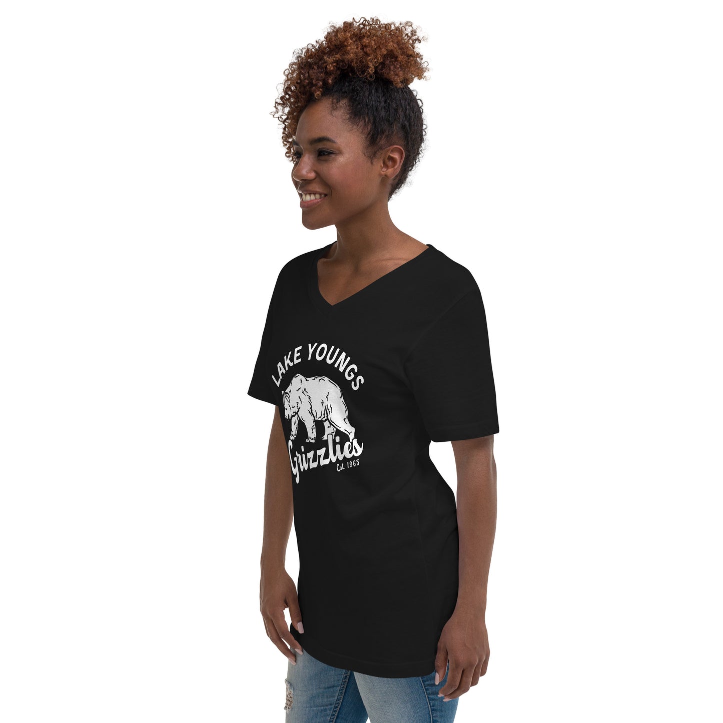 White “Retro Lake Youngs” Adult V-Neck T-Shirt