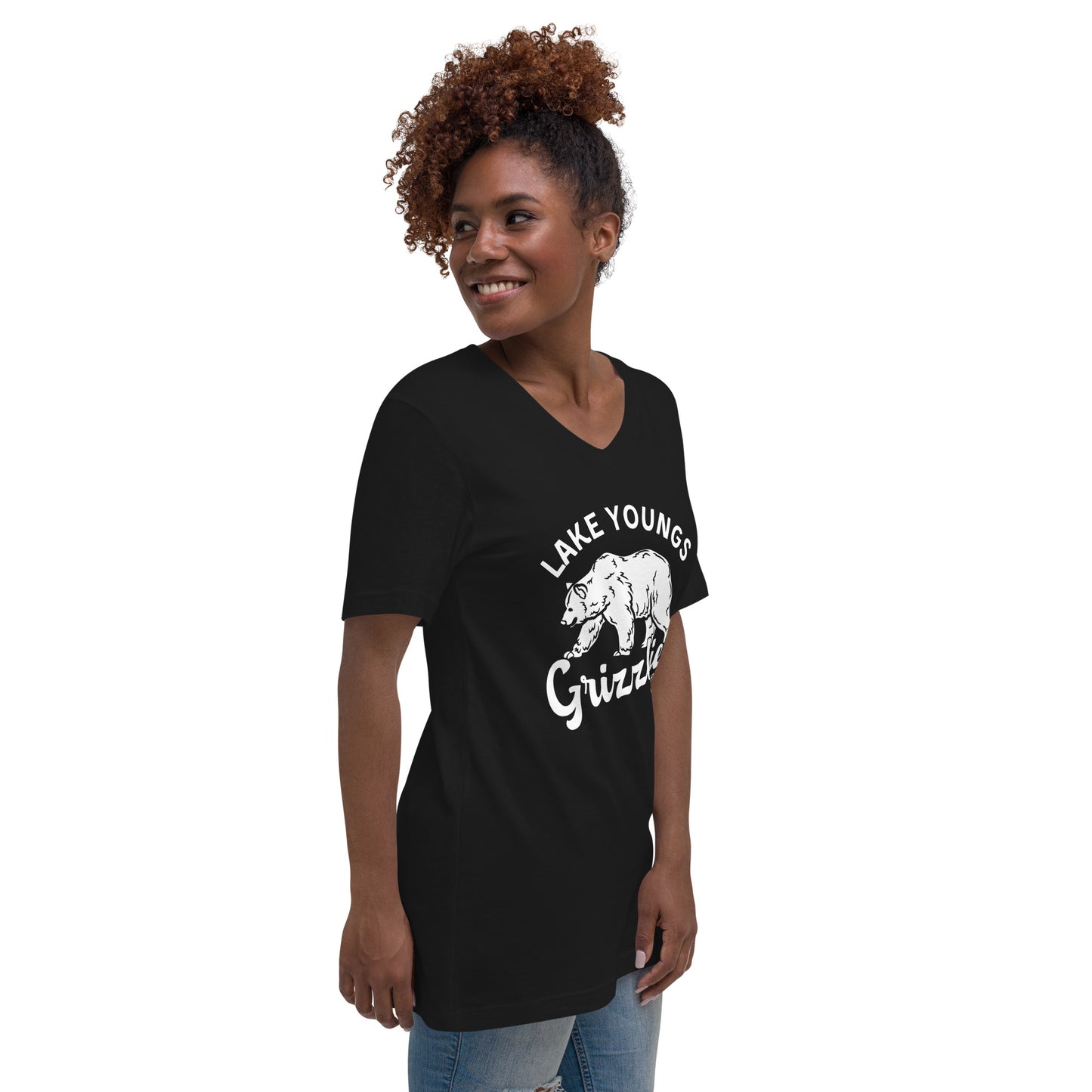 White “Retro Lake Youngs” Adult V-Neck T-Shirt
