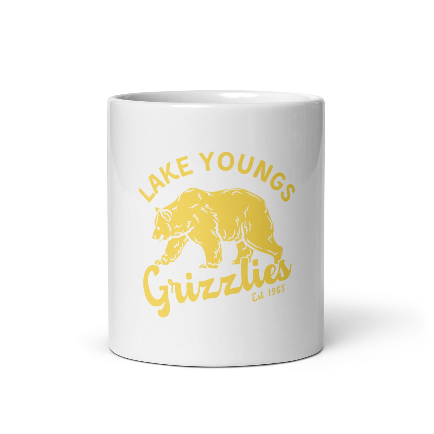 Yellow "Retro Lake Youngs" White glossy mug