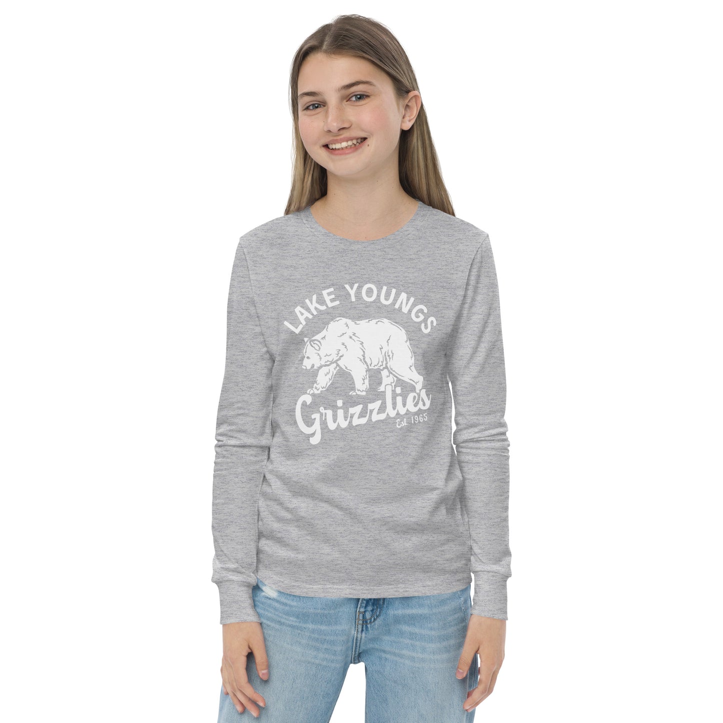 White “Retro Lake Youngs” Youth Long Sleeve T-Shirt Bella + Canvas 3501Y