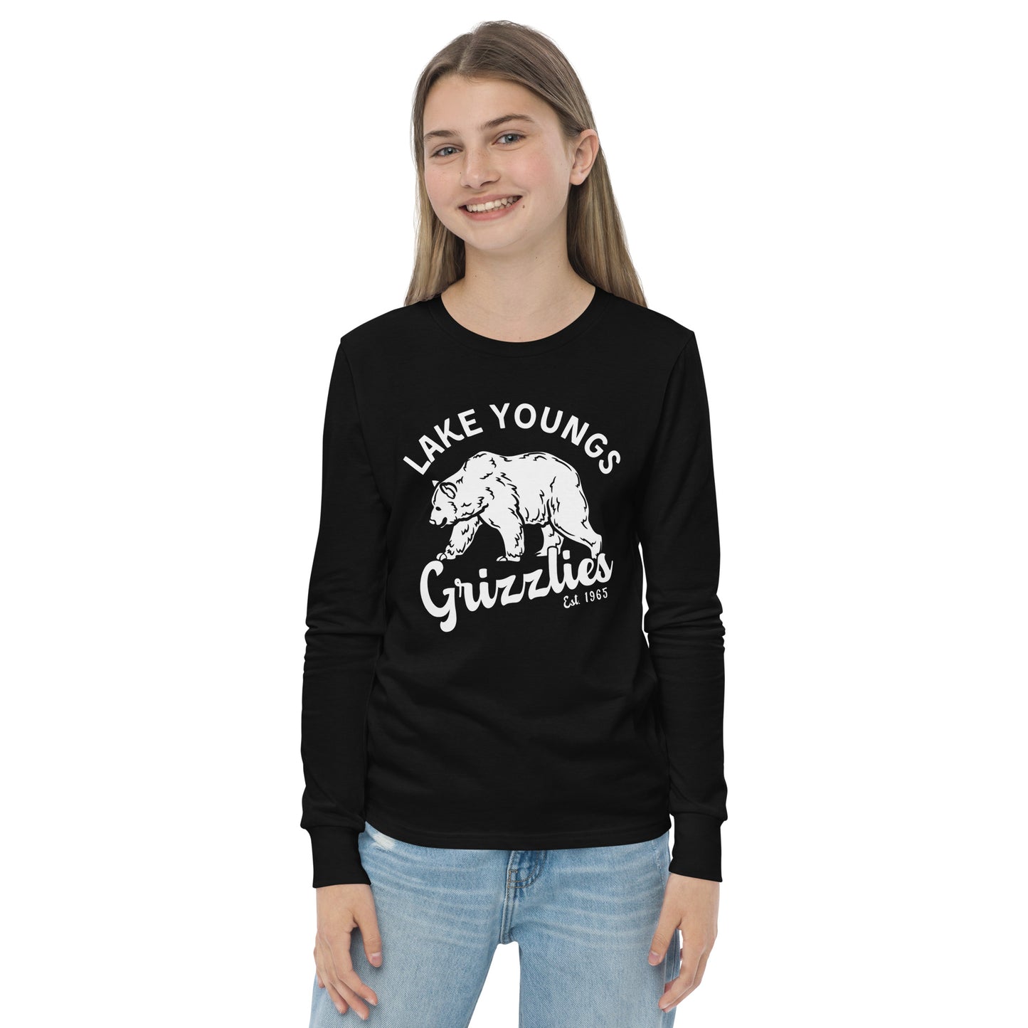 White “Retro Lake Youngs” Youth Long Sleeve T-Shirt Bella + Canvas 3501Y