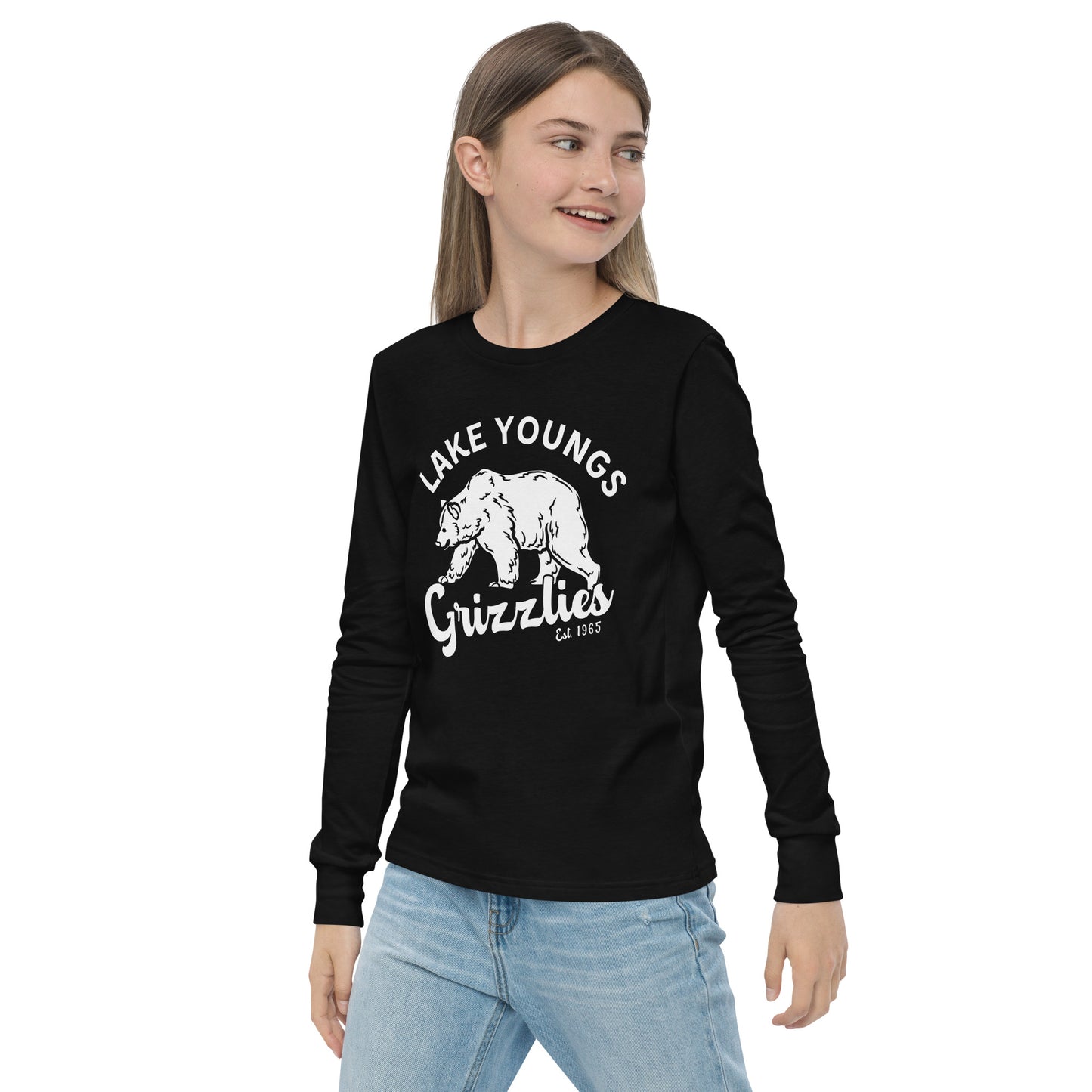 White “Retro Lake Youngs” Youth Long Sleeve T-Shirt Bella + Canvas 3501Y