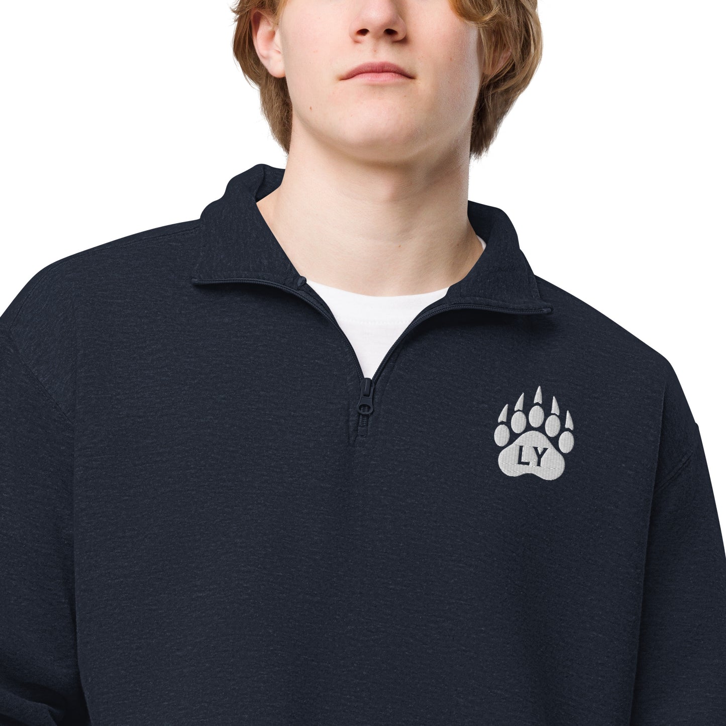 “Bear Paw” White on Navy Blue Adult Fleece Half-Zip Pullover