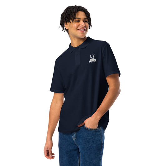 “LY” White on Navy Blue Adult Cotton Pique Polo Shirt