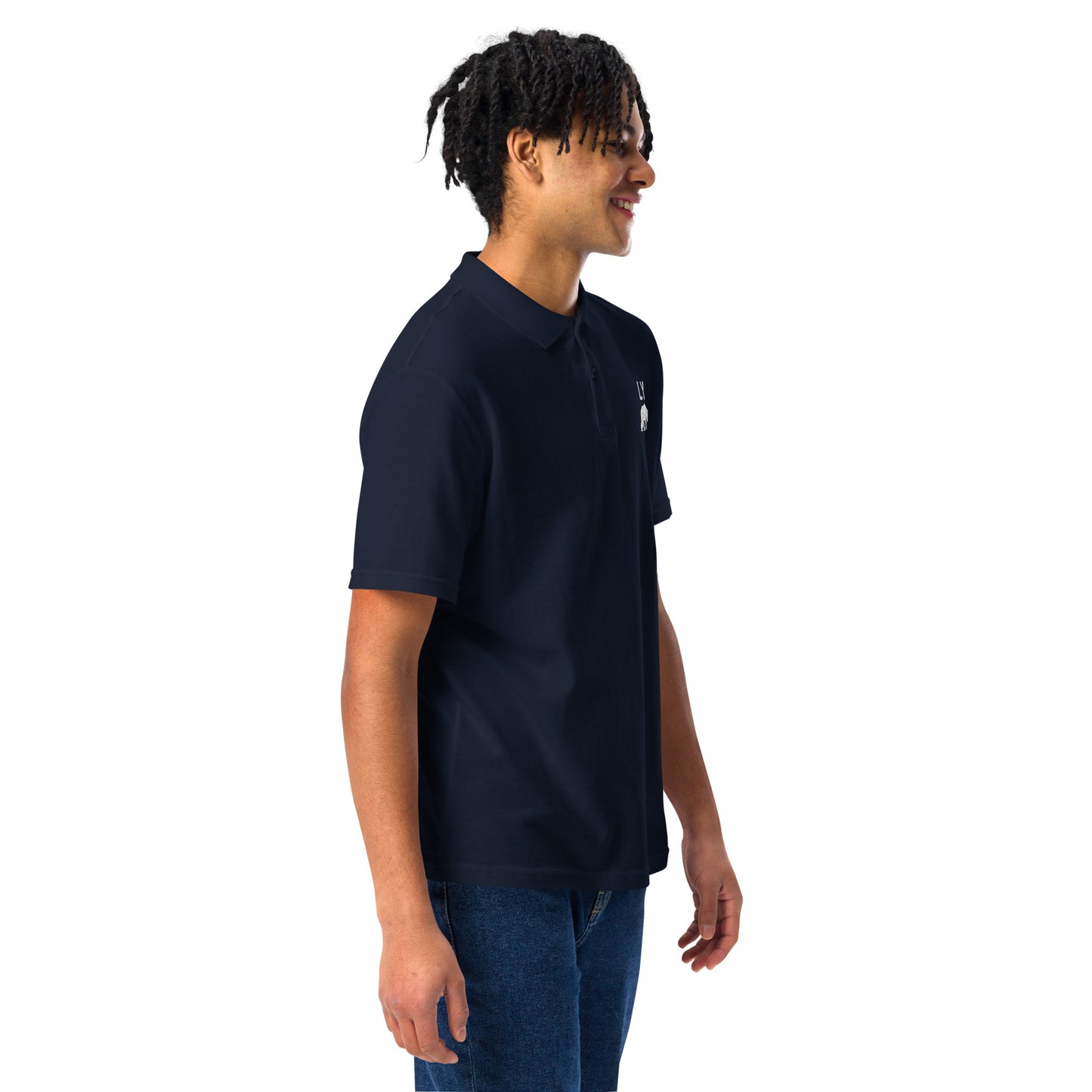 “LY” White on Navy Blue Adult Cotton Pique Polo Shirt