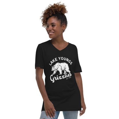 White “Retro Lake Youngs” Adult V-Neck T-Shirt