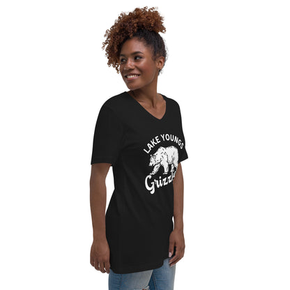 White “Retro Lake Youngs” Adult V-Neck T-Shirt