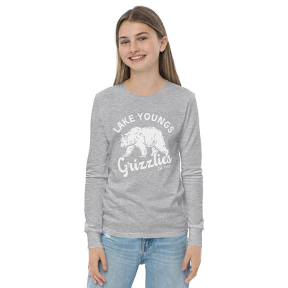 White “Retro Lake Youngs” Youth Long Sleeve T-Shirt Bella + Canvas 3501Y